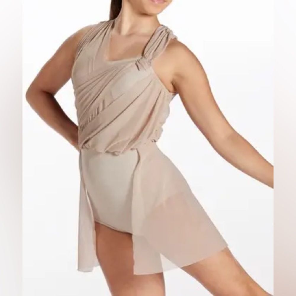 WEISSMAN Dance Costume solo dress lyrical tan beige Asymmetric Draped 15429 XLA